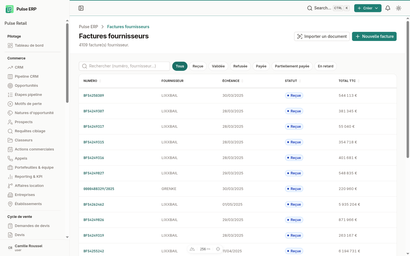 Inbox d'import — dépôt PDF et statuts d'extraction IA