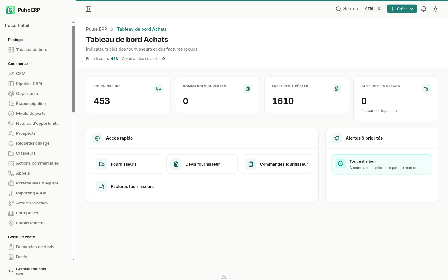 Tableau de bord Achats — commandes, imports et indicateurs de coût