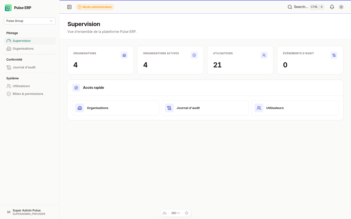 Tableau de bord de supervision — statistiques globales et alertes
