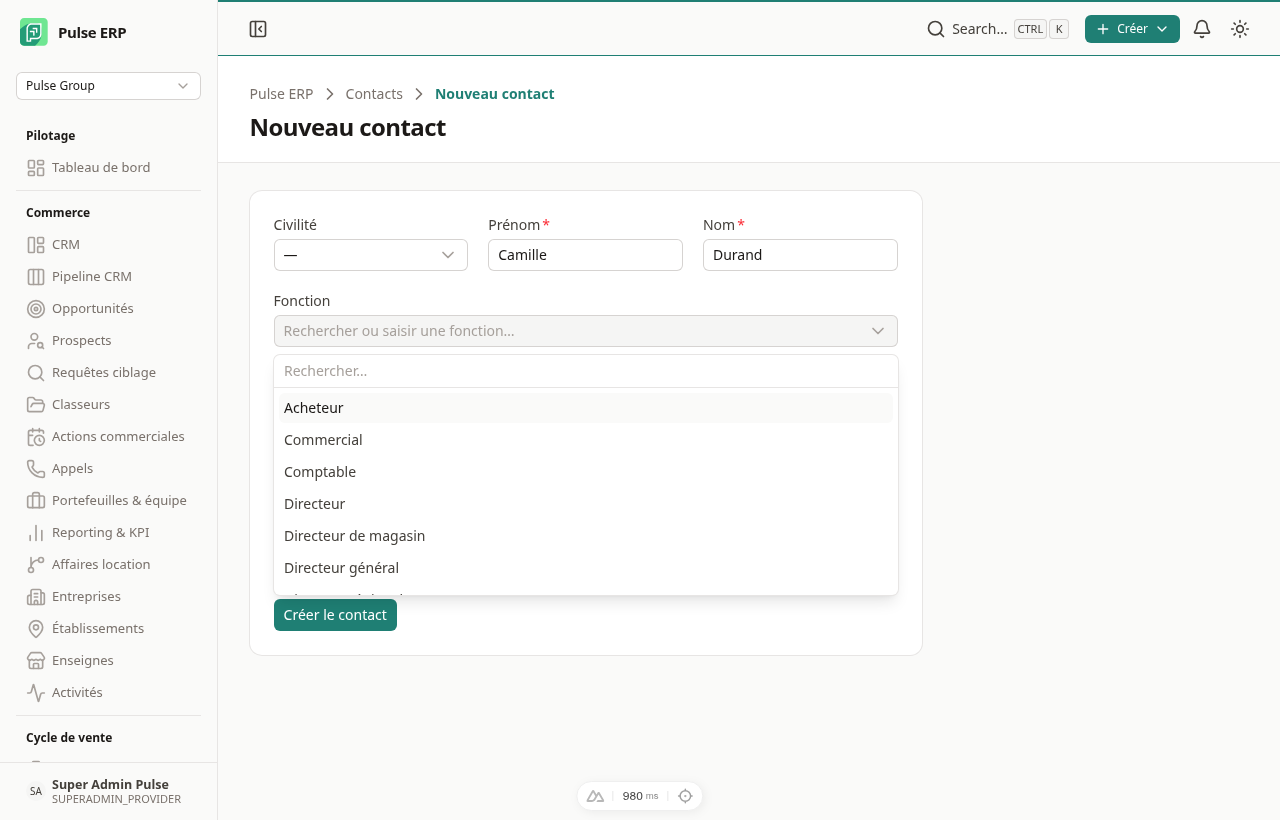 Champ Fonction déroulé — les fonctions déjà connues de l'organisation sont proposées