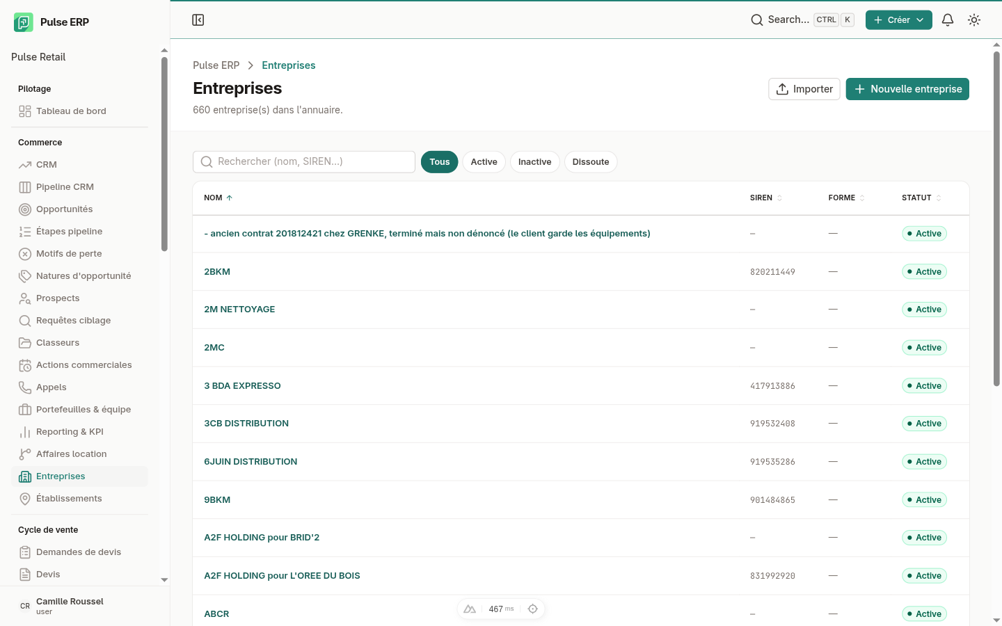 Liste des entreprises — recherche, filtres et statut d'enrichissement KYB