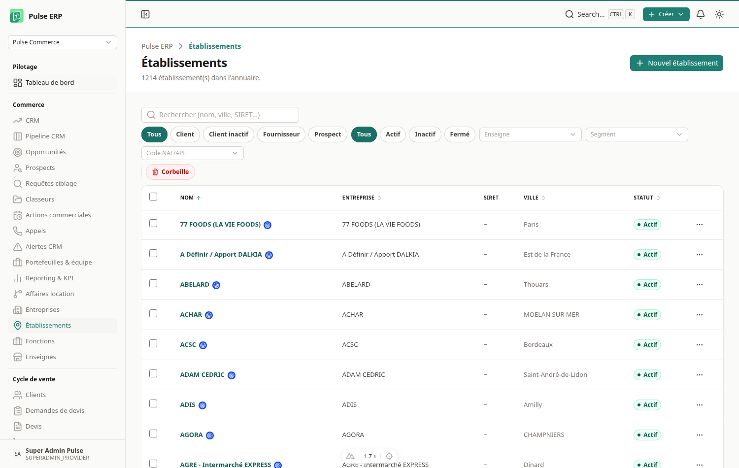 Liste des établissements sans filtre — 1 214 établissements, et les filtres Rôle (Client, Client inactif, Fournisseur, Prospect), Enseigne, Segment et Code NAF