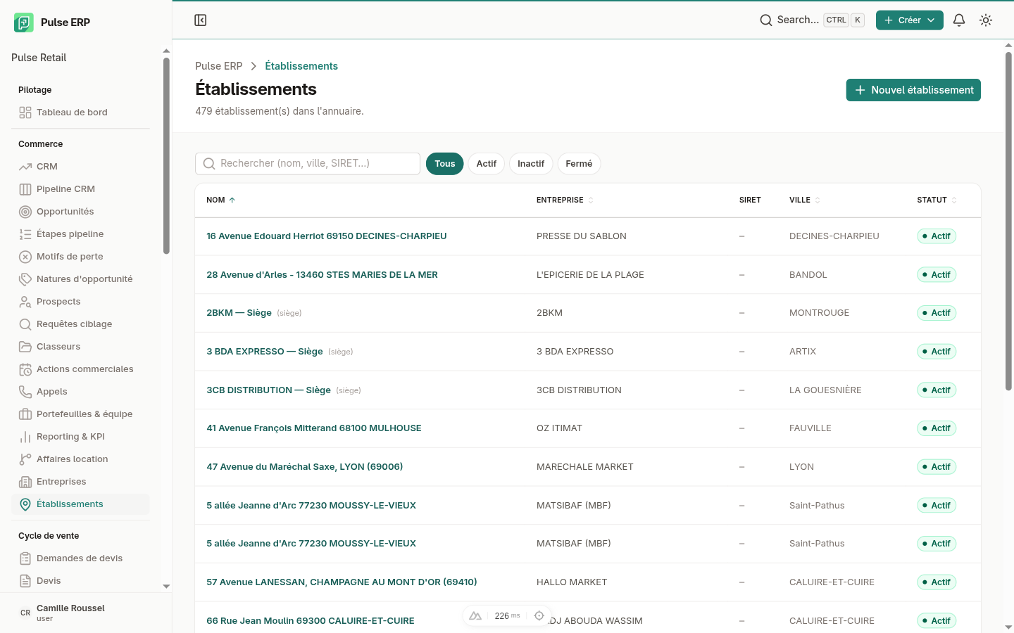 Liste des établissements — vue tableau et vue carte géographique