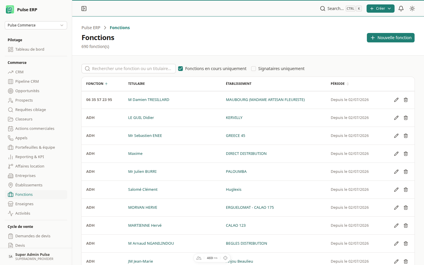 Liste des fonctions — filtres « en cours » et « signataires », titulaire et établissement cliquables