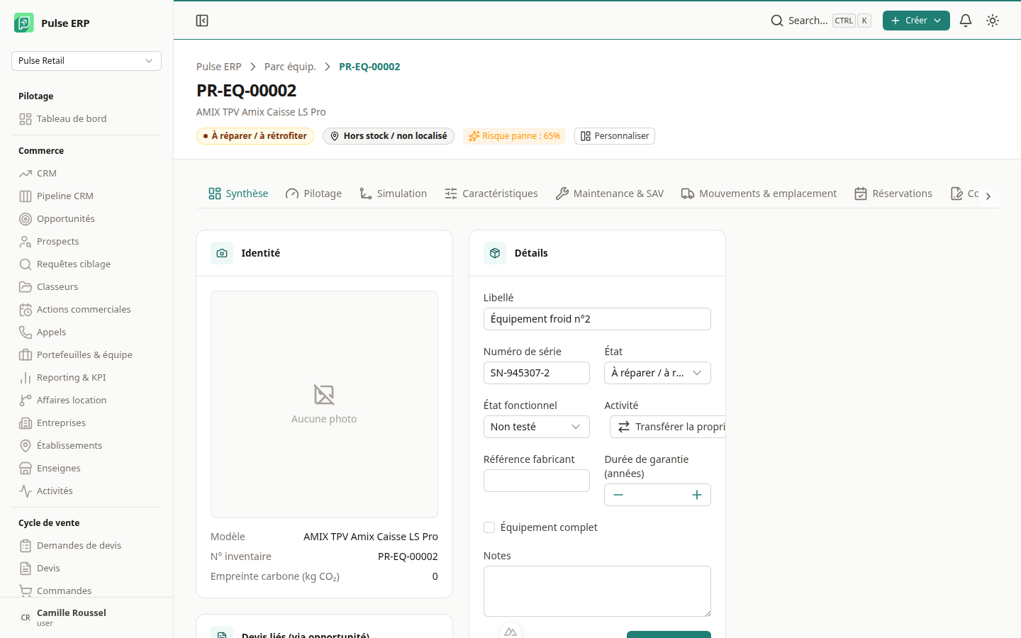 La même fiche après personnalisation : 3 colonnes et le bloc « Devis liés » ramené en Synthèse
