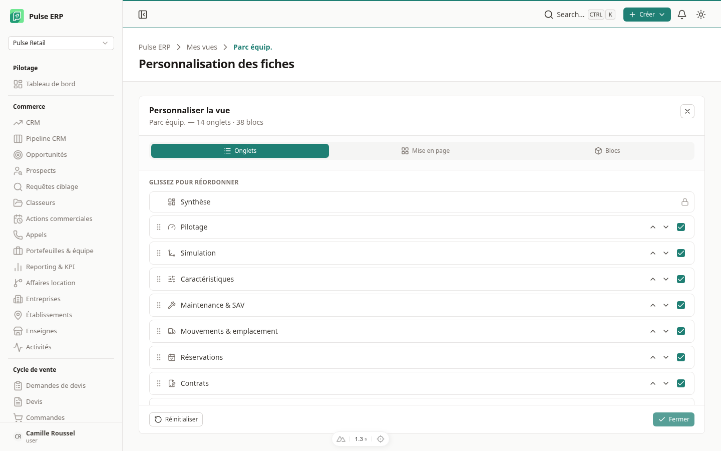 La page « Mes vues » — personnalisation regroupée par type de fiche