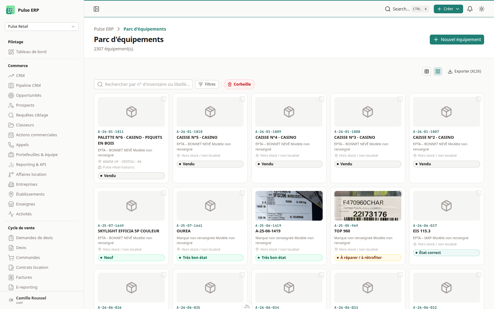 Vue cartes du parc — vignettes photo, recherche, filtres et pagination