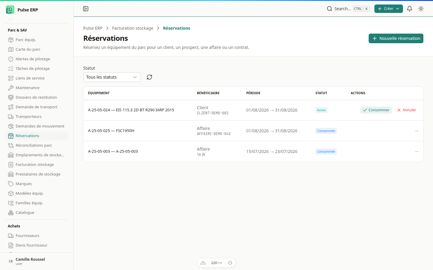 Vue transversale des réservations — bénéficiaire (client ou affaire), période, statut et actions
