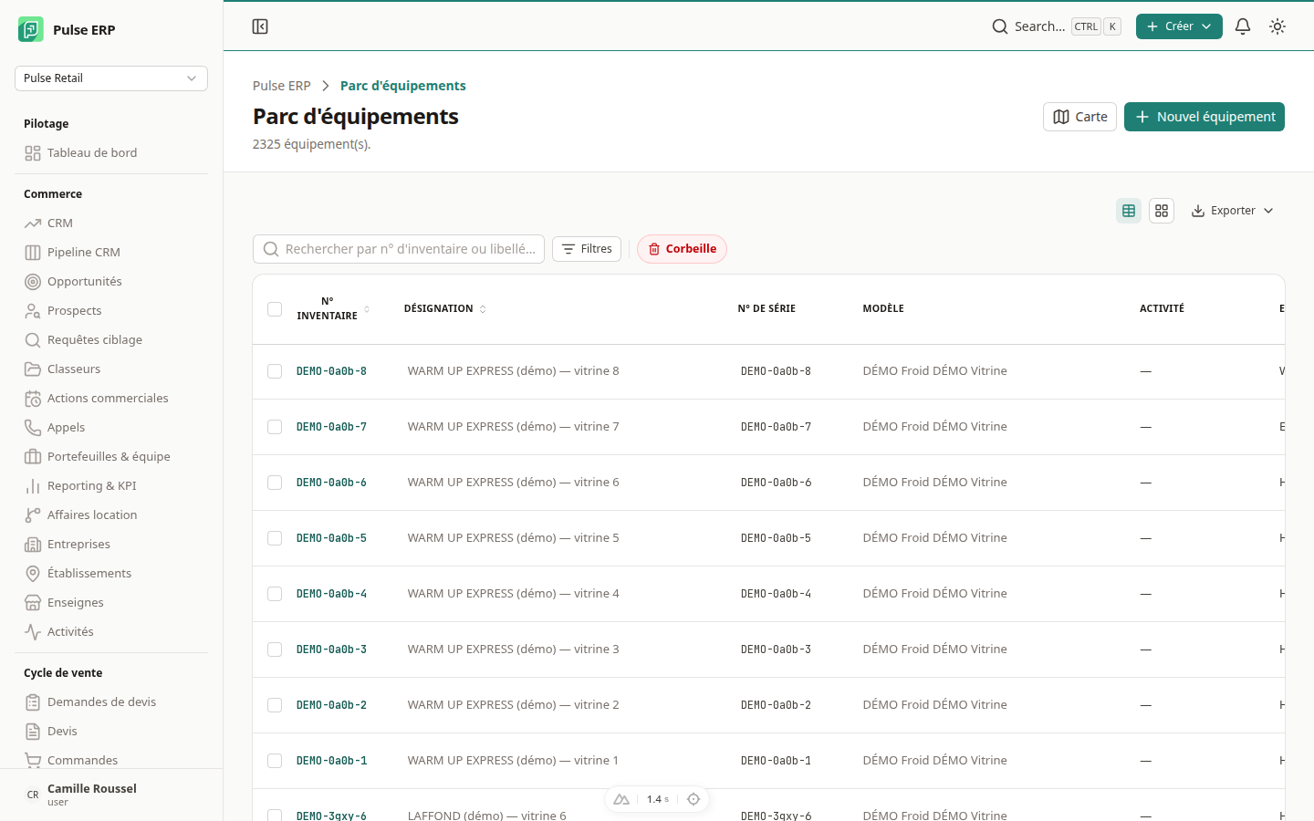 Liste du parc — chaque ligne porte un menu d'actions