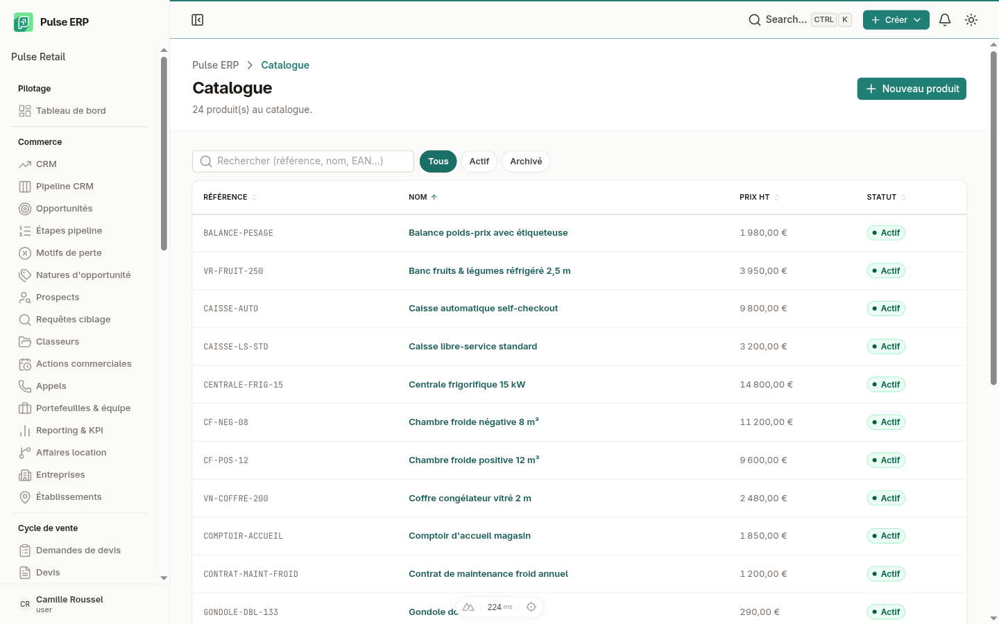 Liste des produits — recherche, filtres et indicateurs de stock