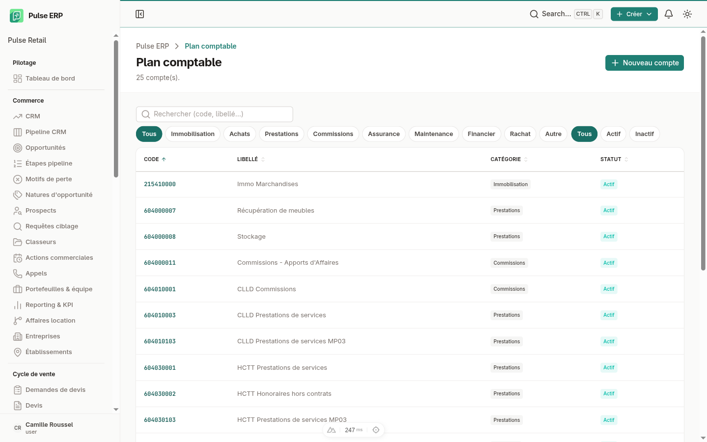 Plan comptable analytique — liste des codes et catégories