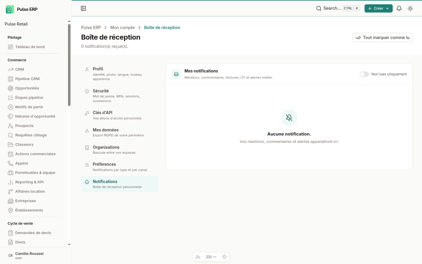 Centre de notifications — liste filtrée et accès aux éléments liés