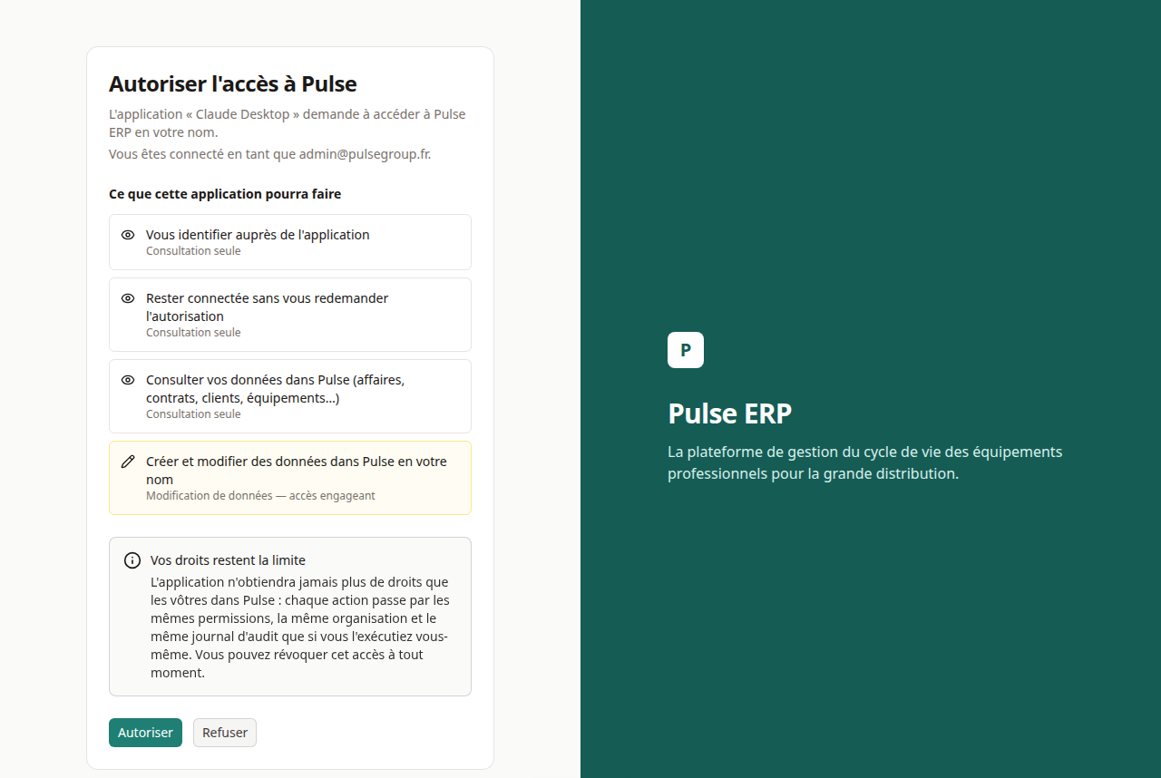 Écran d'autorisation — ce que l'assistant IA demande à faire dans Pulse en votre nom