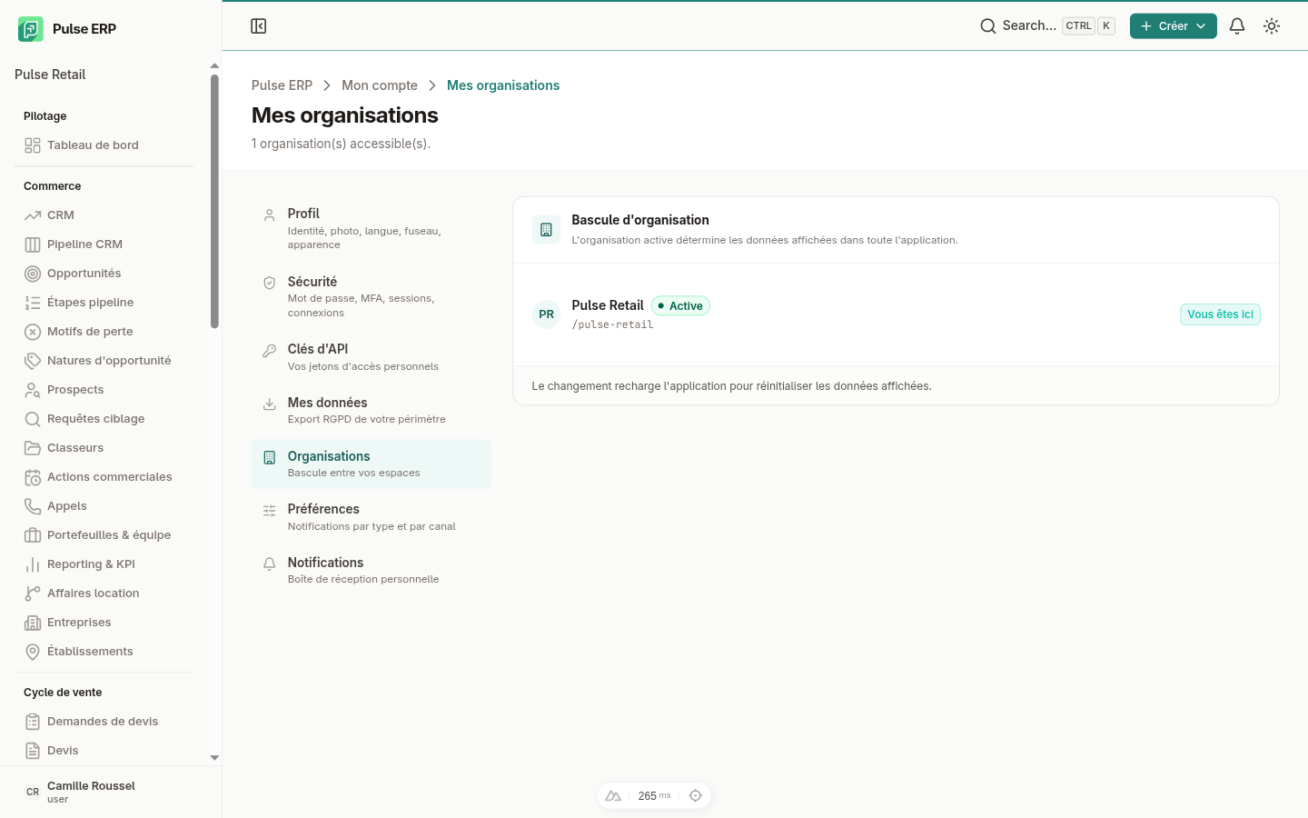 Mes organisations — liste des tenants et sélection de l'organisation active