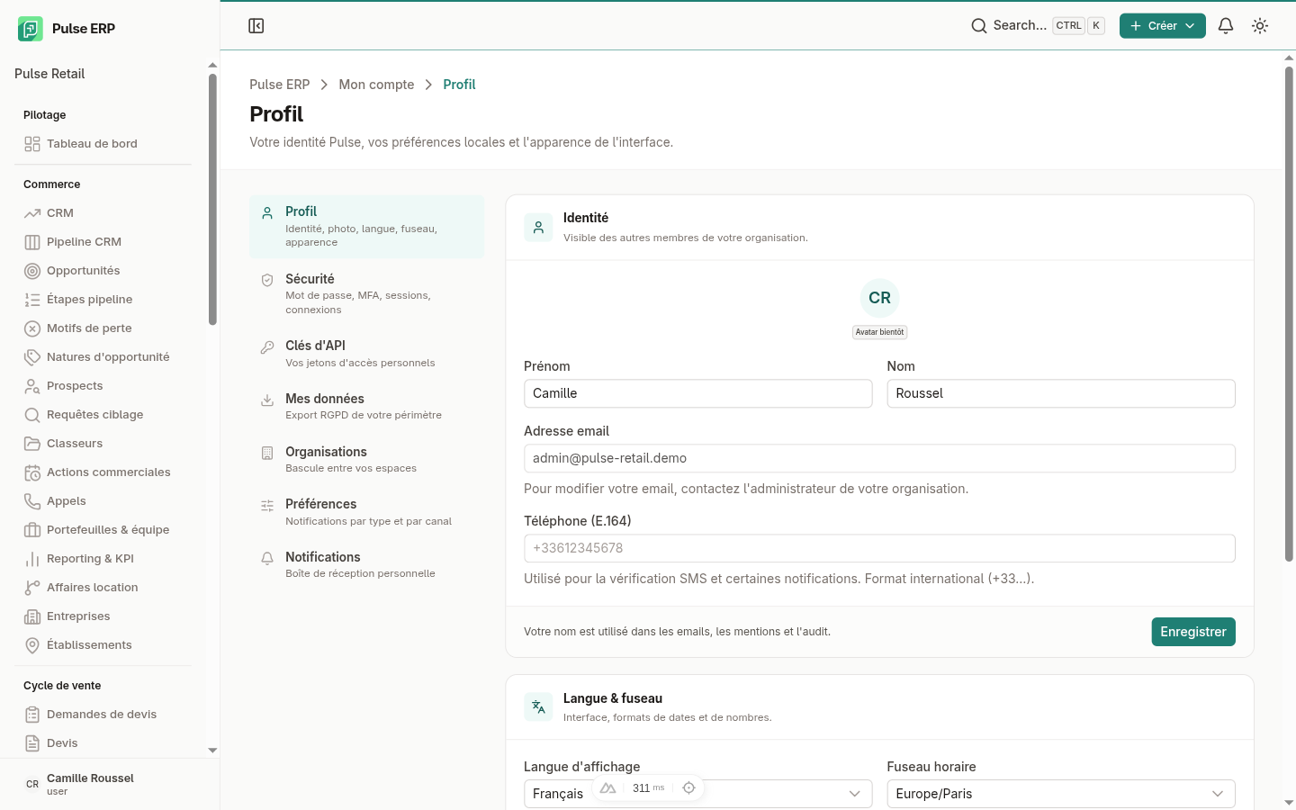 Page Profil — informations personnelles et préférences de langue