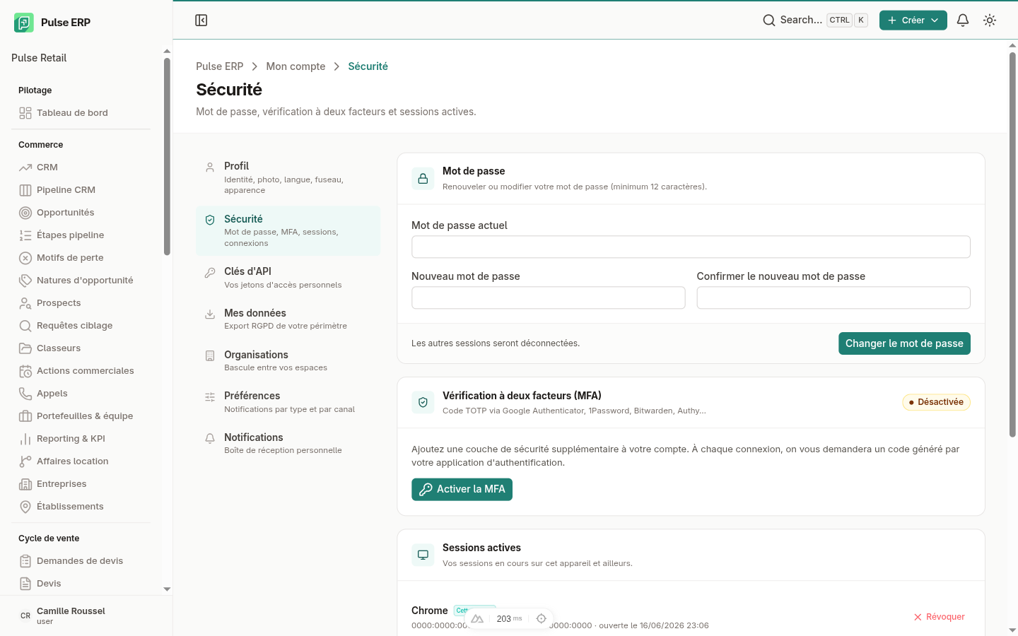 Page Sécurité — activation MFA et sessions actives