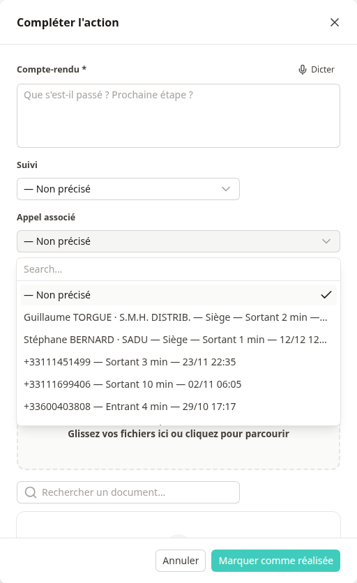 Sélecteur d'appel — l'interlocuteur et son établissement d'abord, la date en dernier