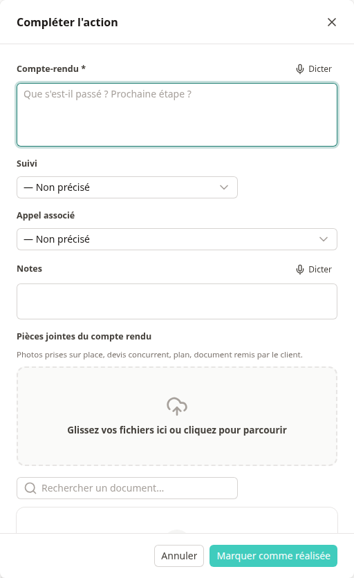 Compte-rendu d'un acte commercial — résultat obligatoire, suite à donner, appel rattaché, pièces jointes