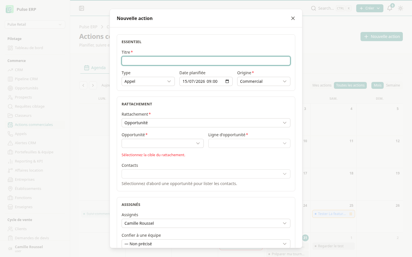 Double-clic sur le 15 juillet — le formulaire s'ouvre daté du jour choisi à 09:00, déjà assigné à l'utilisateur connecté