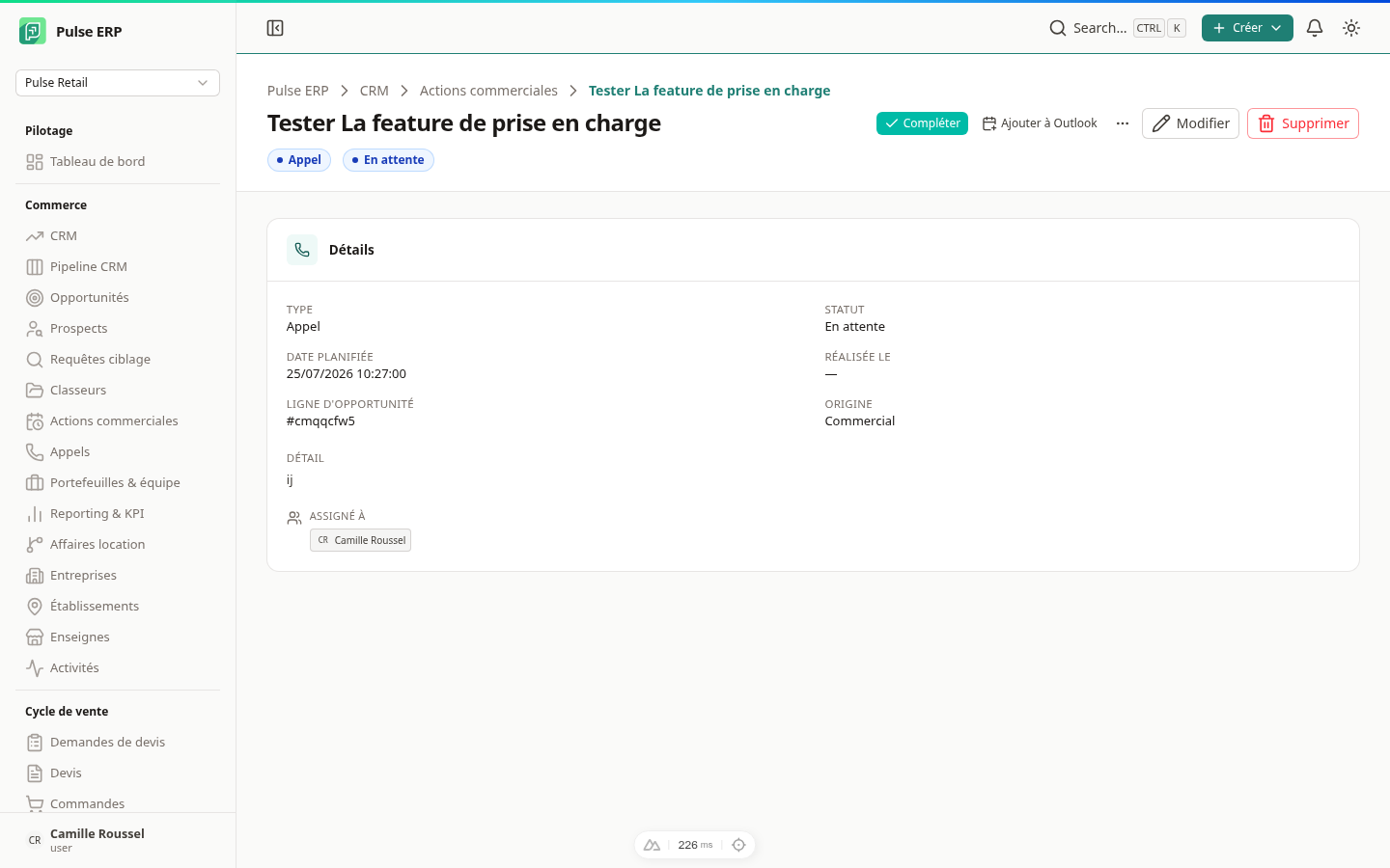 Fiche d'une action — détails et responsables assignés (vue administrateur)