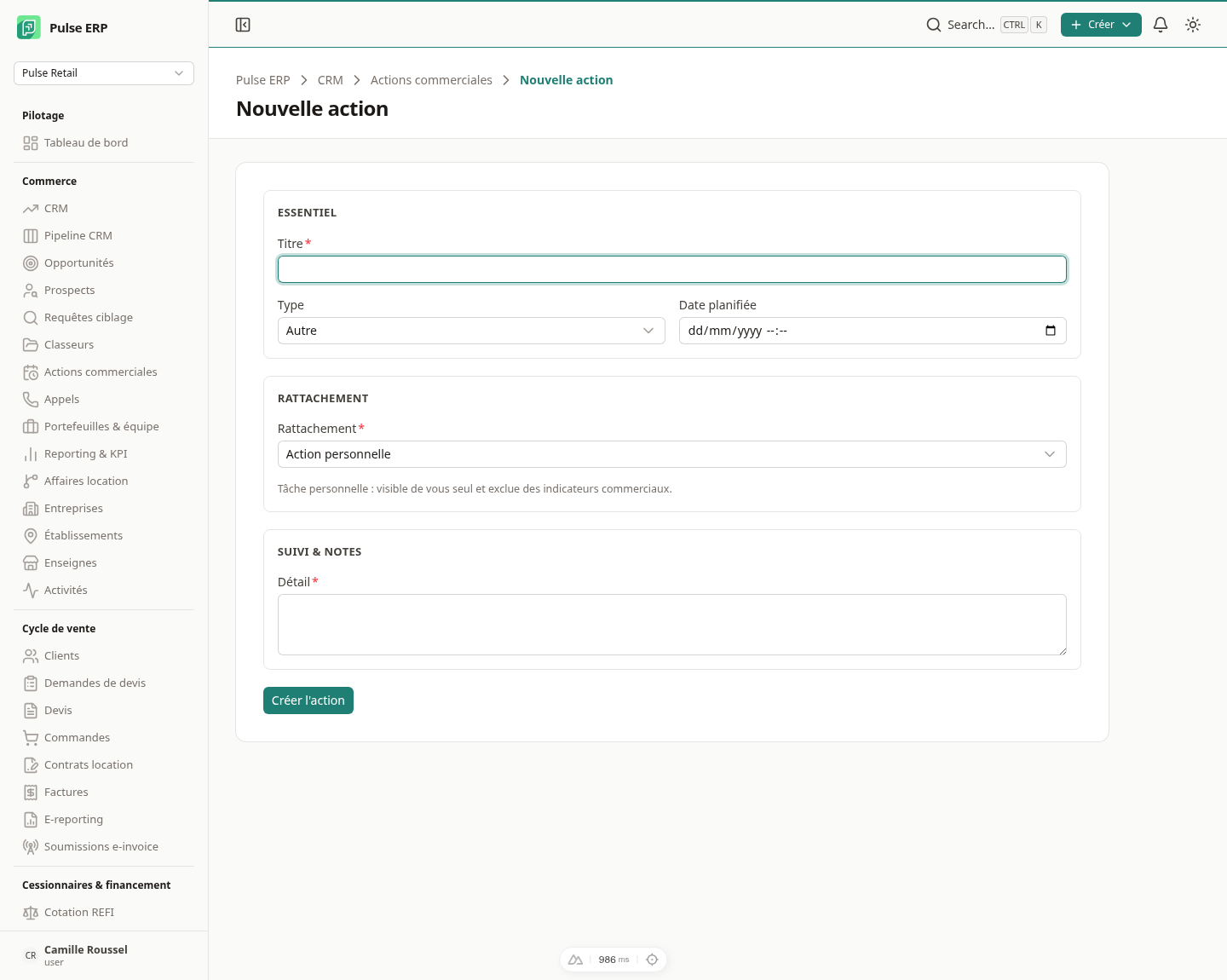 Action personnelle — formulaire réduit à l'essentiel, visible de vous seul et hors indicateurs