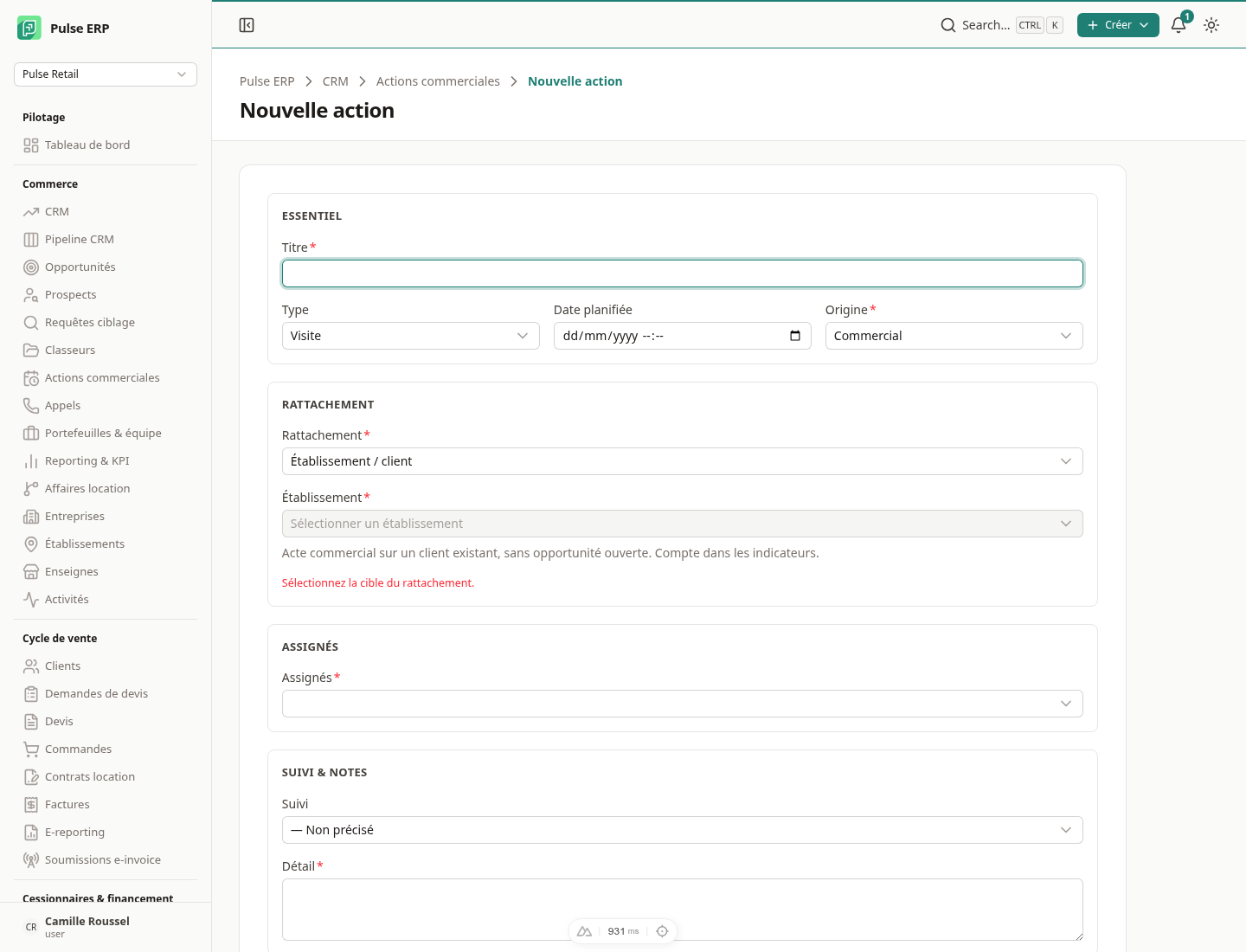 Visite rattachée à un établissement, sans opportunité — comptée dans les indicateurs