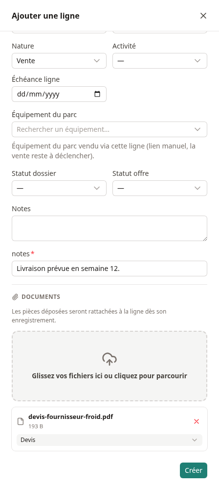 À la création d'une ligne, les pièces déposées attendent l'enregistrement pour être rattachées