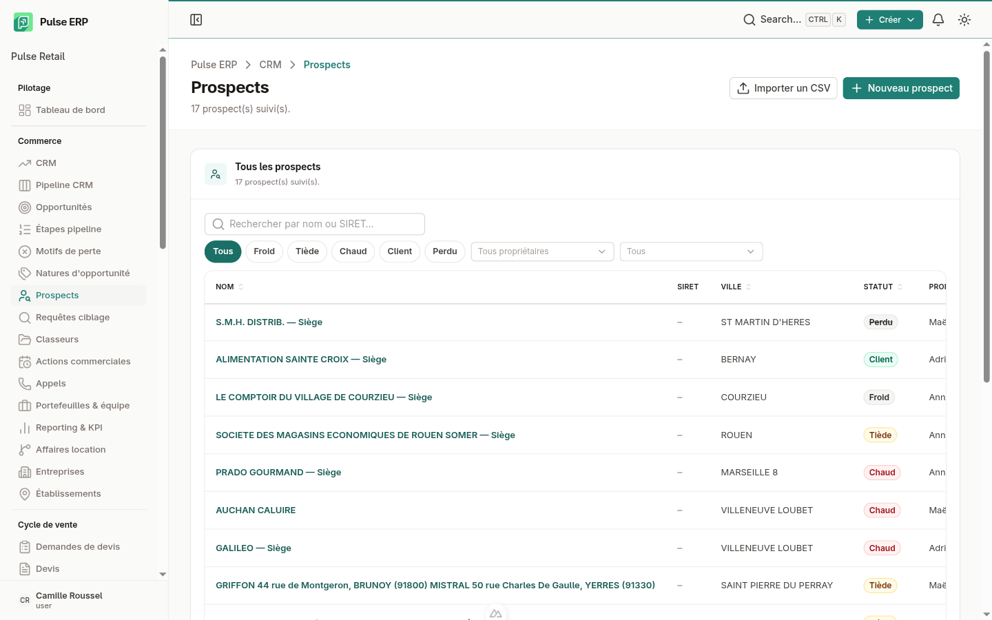 Liste des prospects — filtres et statuts