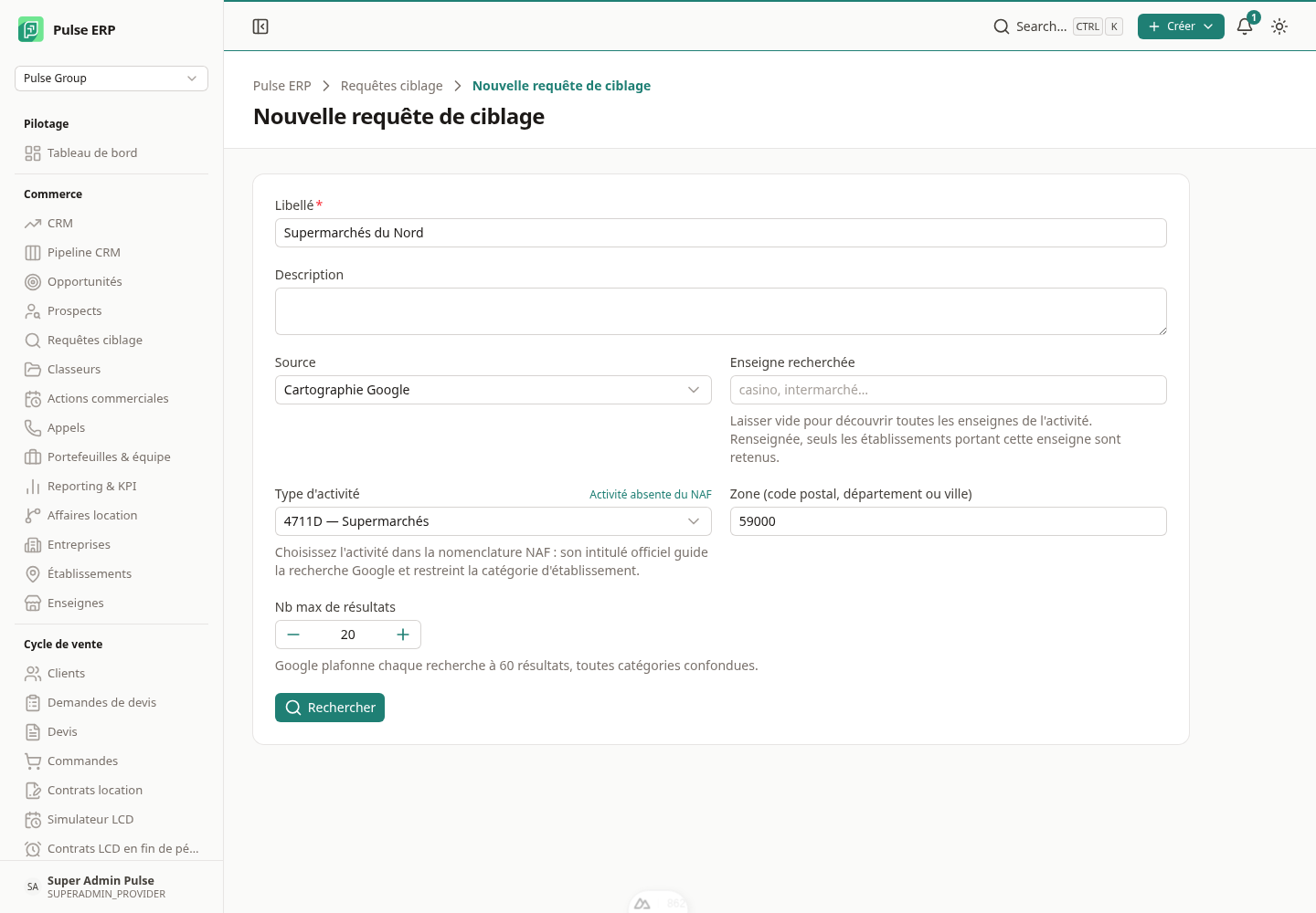 Activité choisie : le code et son intitulé restent affichés dans le champ.