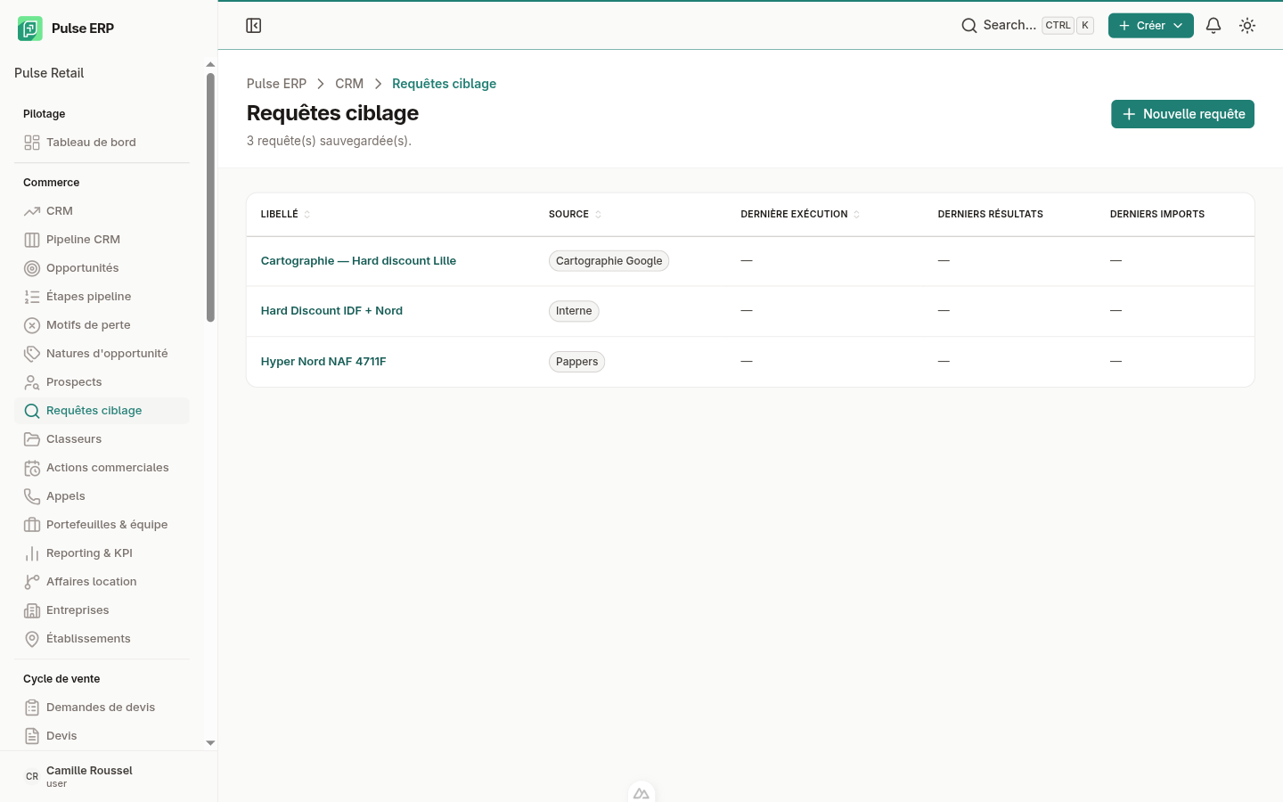 Requêtes de prospection — recherche et import