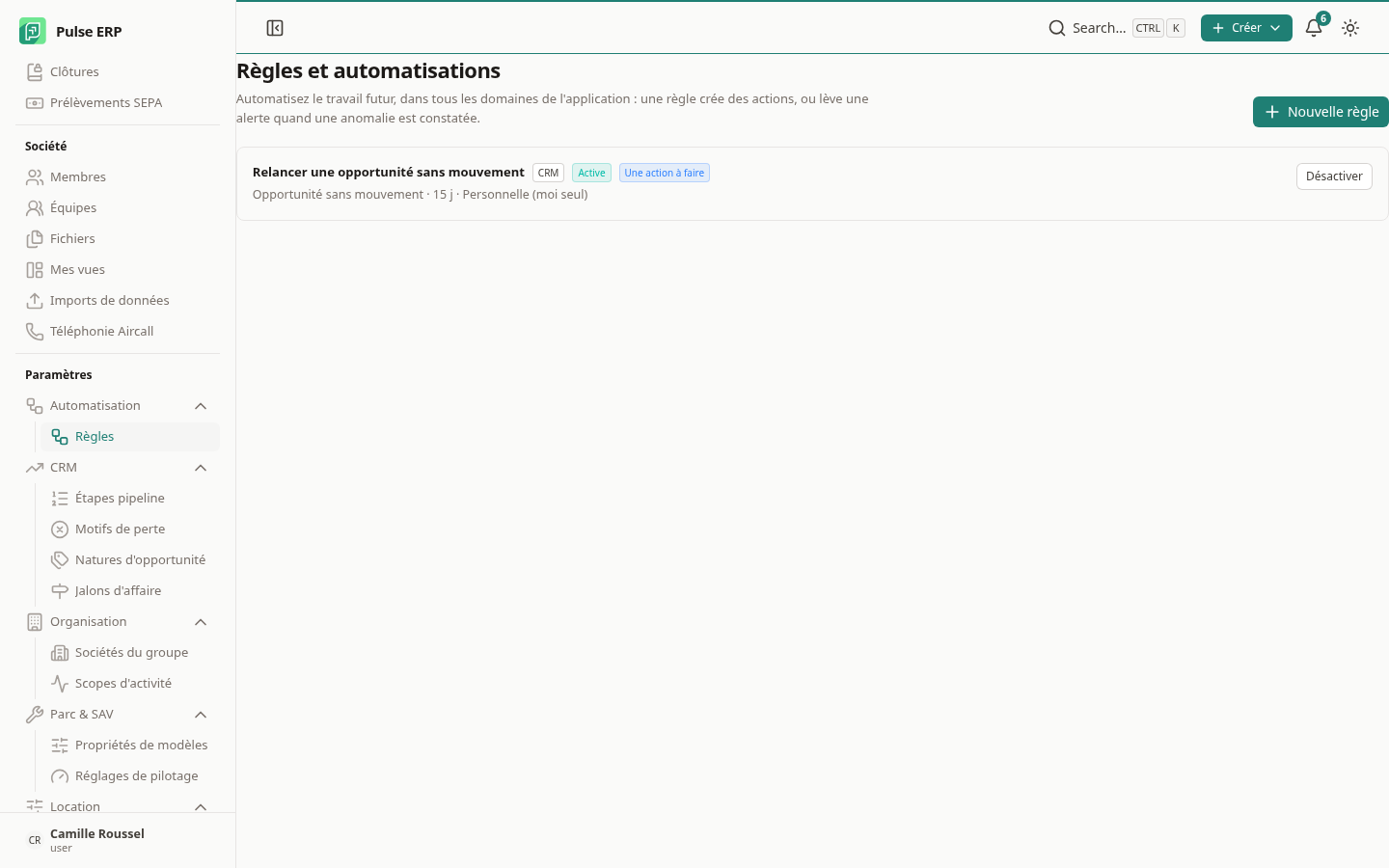 Paramètres → Automatisation → Règles — chaque règle affiche son domaine, son type de sortie et sa portée