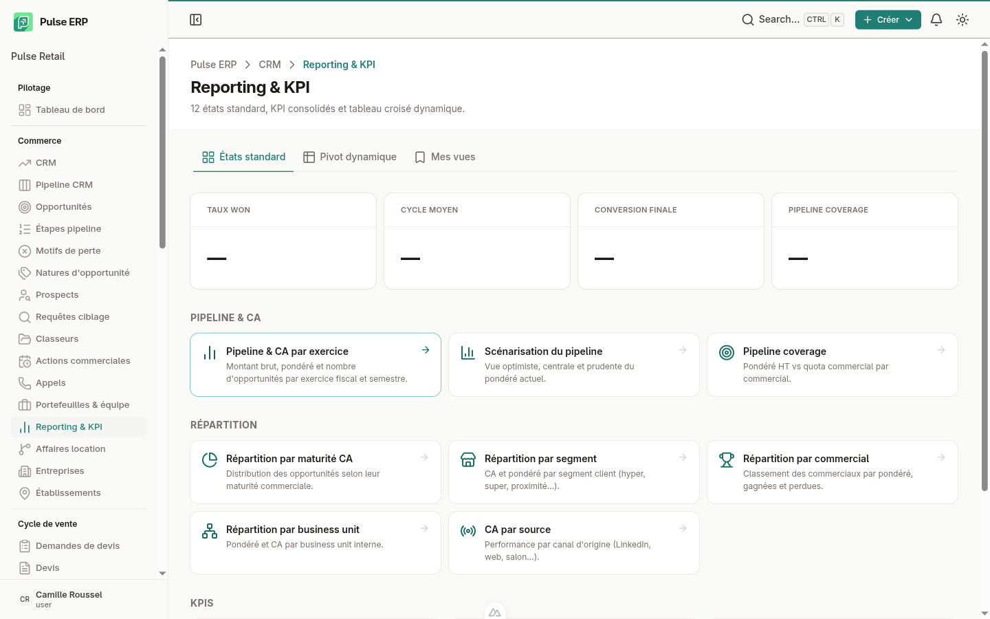 Reporting CRM — états standard et pivot