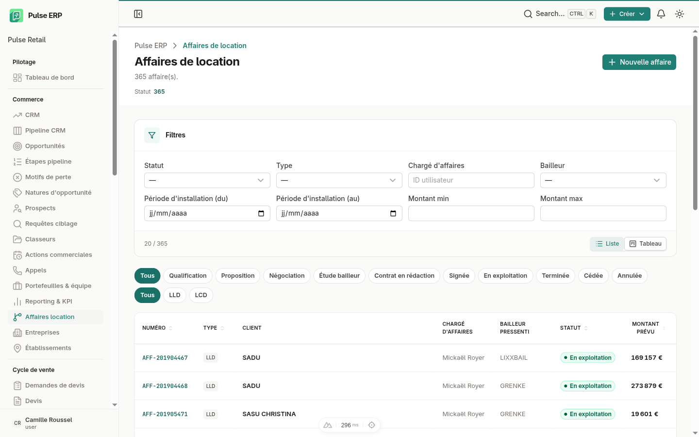 Liste des affaires de location — vue tableau avec filtres