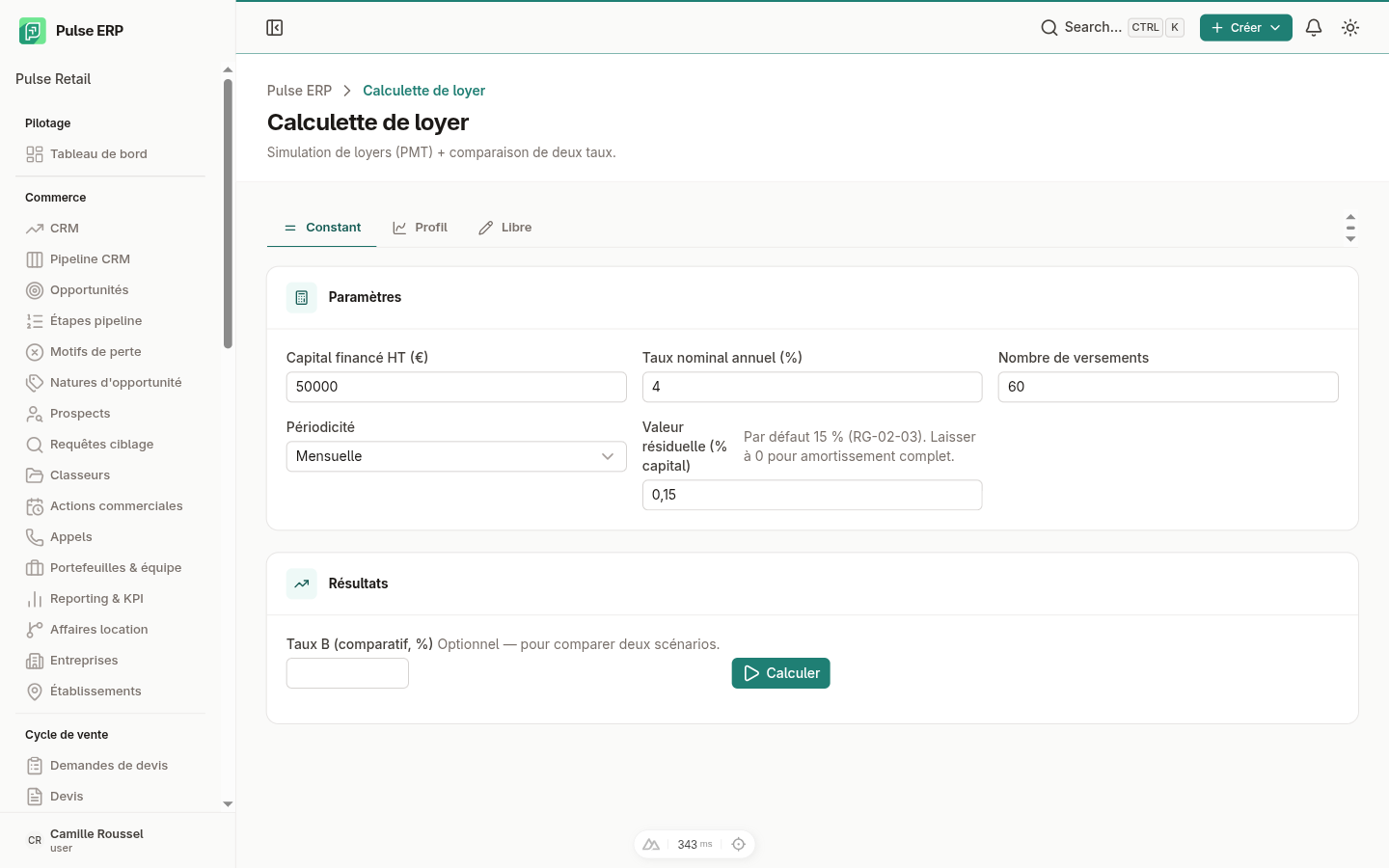Calculette de loyer — saisie des paramètres et tableau d'amortissement