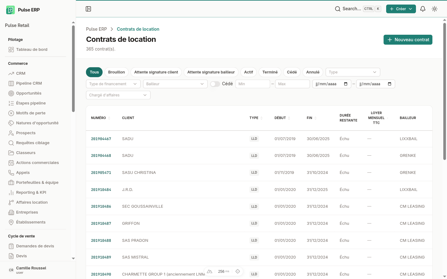 Liste des contrats de location — numéro, loyer, statut, bailleur