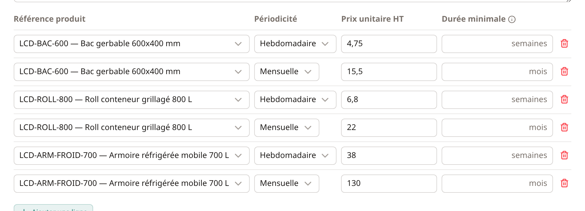 Lignes de tarif — l'unité de la durée minimale suit la périodicité de chaque ligne (semaines / mois)