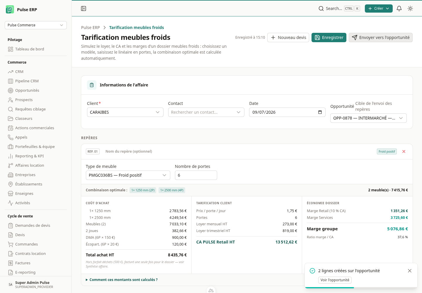 Simulateur — repère de 6 portes : combinaison optimale, coût d'achat, tarification client et marges