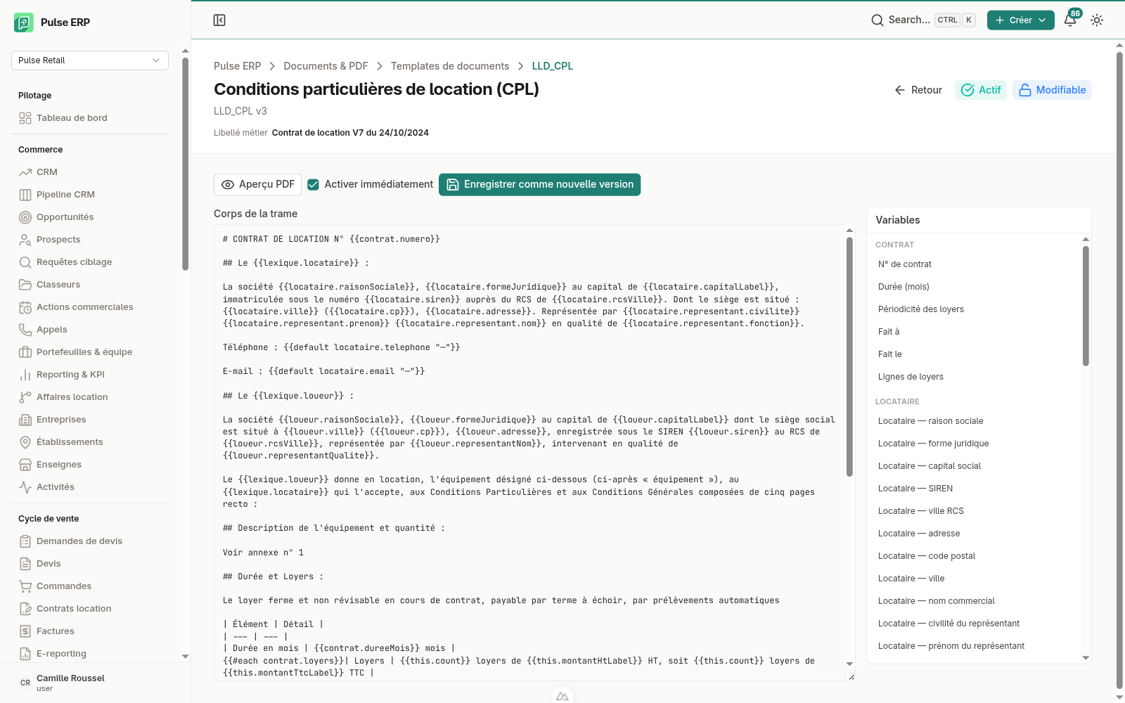 Éditeur de trame — corps markdown à gauche, variables cliquables à droite, badges Actif / Modifiable
