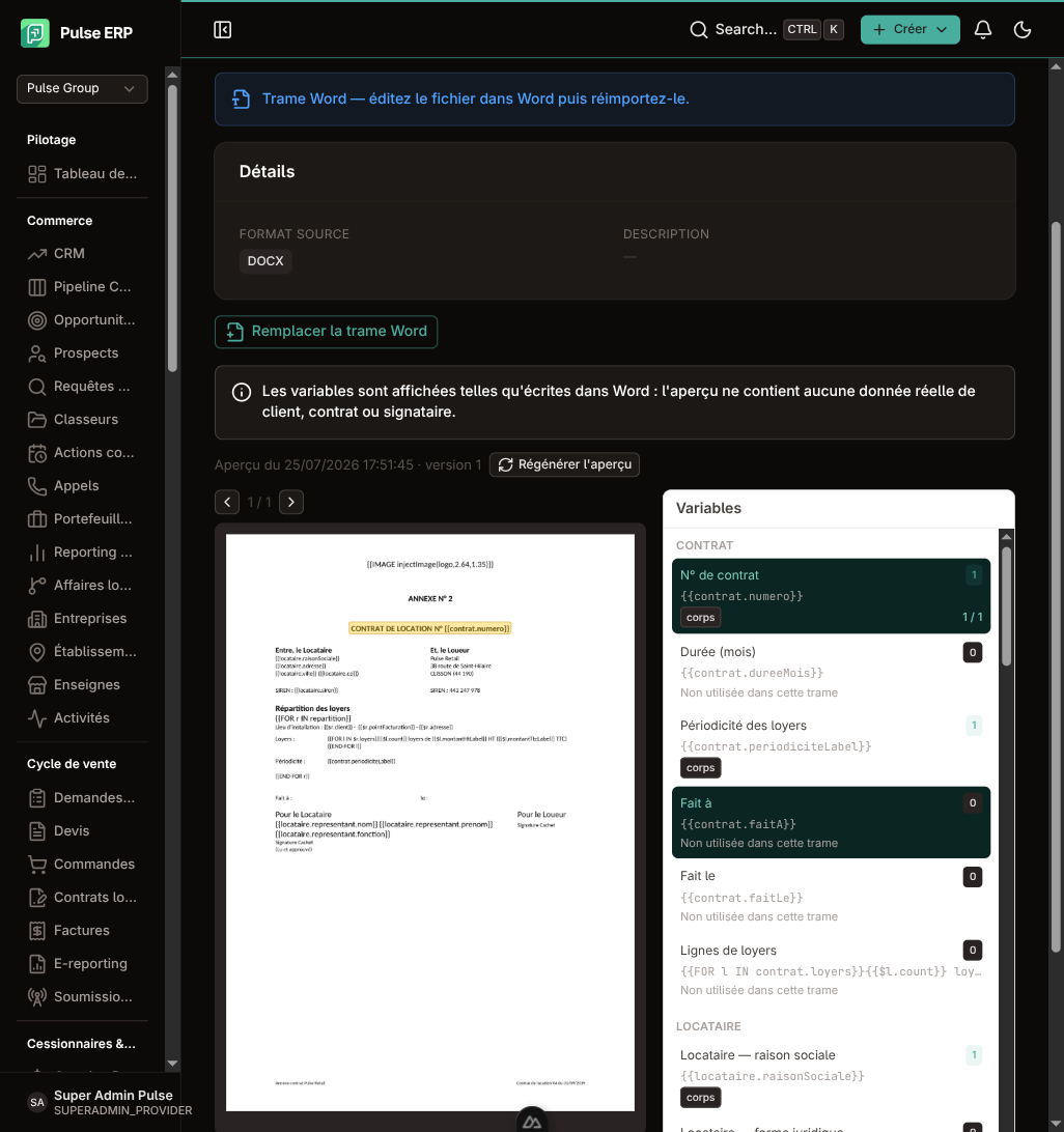 Fiche d'une trame Word — aperçu PDF à gauche, panneau des variables avec occurrences et emplacements à droite