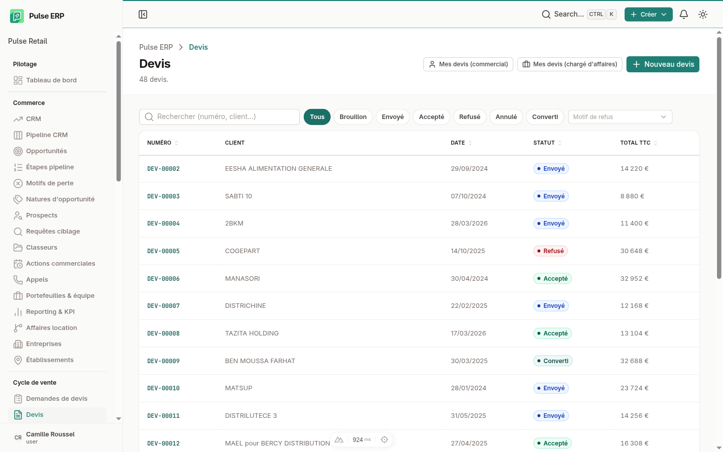 Liste des devis — vue tableau avec statuts et montants
