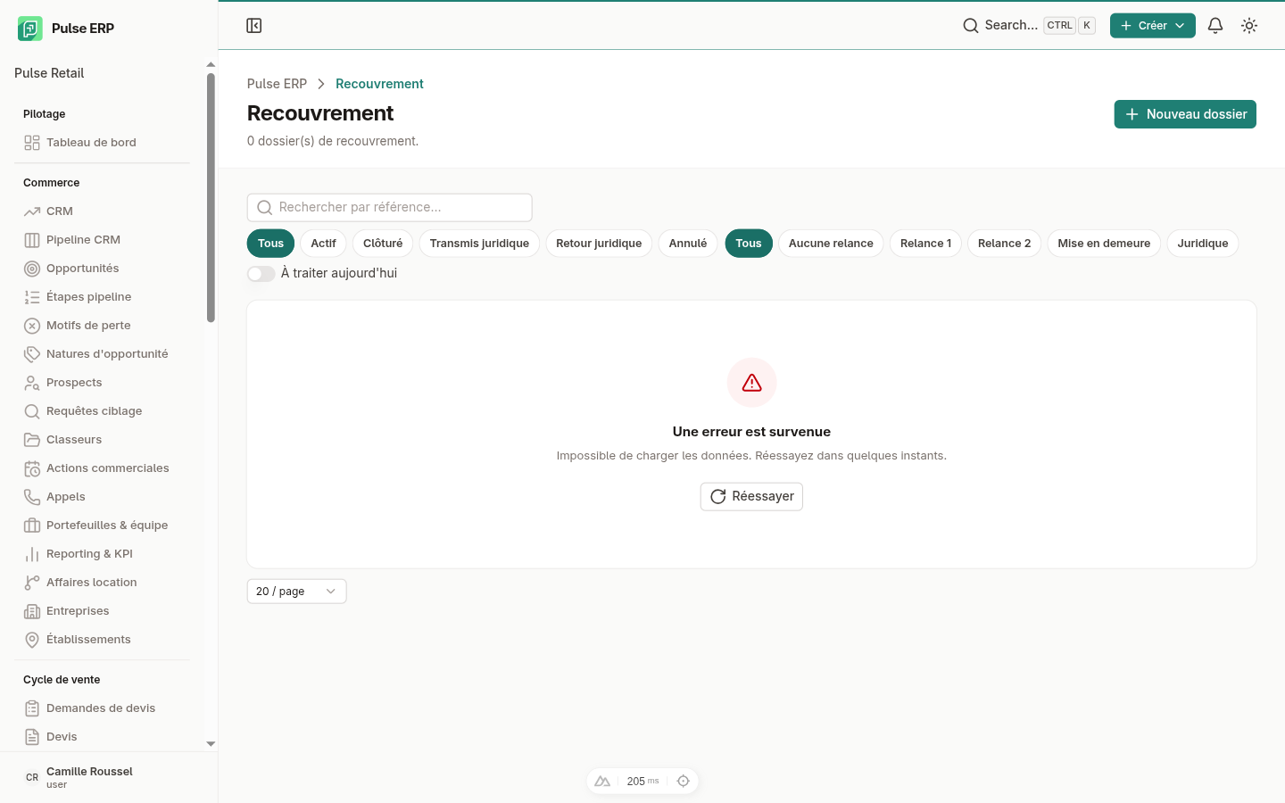 Recouvrement — tableau de bord des relances en cours